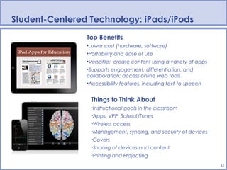Student-Centered Technology: iPads/iPods
                Top Benefits
                •Lower cost (hardware, software)
                •Portability and ease of use
                •Versatile: create content using a variety of apps
                •Supports engagement, differentiation, and
                collaboration; access online web tools
                •Accessibility features, including text-to-speech


                 Things to Think About
                 •Instructional goals in the classroom
                 •Apps, VPP, School iTunes
                 •Wireless access
                 •Management, syncing, and security of devices
                 •Covers
                 •Sharing of devices and content
                 •Printing and Projecting
                                                                     12
 