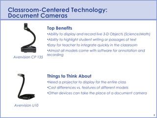 Classroom-Centered Technology:
Document Cameras
                     Top Benefits
                     •Ability to display and record live 3-D Objects (Science/Math)
                     •Ability to highlight student writing or passages of text
                     •Easy for teacher to integrate quickly in the classroom
                     •Almost all models come with software for annotation and
                     recording
 Avervision CP 135




                     Things to Think About
                     •Need a projector to display for the entire class
                     •Cost differences vs. features of different models
                     •Other devices can take the place of a document camera


 Avervision U10

                                                                                      8
 