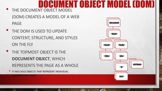 DOCUMENT OBJECT MODEL (DOM)• THE DOCUMENT OBJECT MODEL
(DOM) CREATES A MODEL OF A WEB
PAGE
• THE DOM IS USED TO UPDATE
CONTENT, STRUCTURE, AND STYLES
ON THE FLY
• THE TOPMOST OBJECT IS THE
DOCUMENT OBJECT, WHICH
REPRESENTS THE PAGE AS A WHOLE
• IT HAS CHILD OBJECTS THAT REPRESENT INDIVIDUAL
ELEMENTS ON A PAGE
document
<html>
<head>
<title>
<body>
<div>
attribute
<p>
text>
 