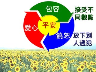 接受不同觀點 放下別人過犯 平安 包容 饒恕 愛心 