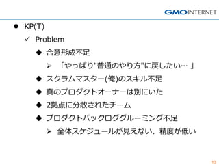 13
 KP(T)
 Problem
 合意形成不足
 「やっぱり"普通のやり方"に戻したい… 」
 スクラムマスター(俺)のスキル不足
 真のプロダクトオーナーは別にいた
 2拠点に分散されたチーム
 プロダクトバックロググルーミング不足
 全体スケジュールが見えない、精度が低い
 