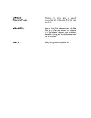 MI NOVIO:
Alejandro Peraza
Gracias mi amor por tu apoyo
incondicional, en la recta final de este
camino.
MIS AMIGOS: Apoyo que Dios ha puesto en mi vida.
Por su confianza y lealtad, en especial
a Jorge Mario Vásquez por su apoyo
incondicional y por enseñarme el valor
de la amistad.
MI PAÍS Porque espera lo mejor de mí
 