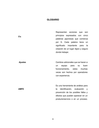 XI 
 
GLOSARIO
5’s
Representan acciones que son
principios expresados con cinco
palabras japonesas que comienza
por S. Cada palabra tiene un
significado importante para la
creación de un lugar digno y seguro
donde trabajar.
Ajustes Cambios adicionales que se hacen a
un equipo para su buen
funcionamiento, estos muchas
veces son hechos por operadores
con experiencia.
AMFE
Es una herramienta de análisis para
la identificación, evaluación y
prevención de los posibles fallos y
efectos que pueden aparecer en un
producto/servicio o en un proceso.
 