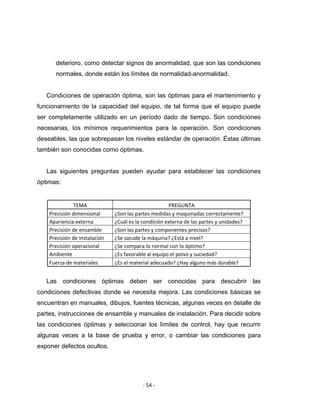 ‐ 54 ‐ 
 
deterioro, como detectar signos de anormalidad, que son las condiciones
normales, donde están los límites de normalidad-anormalidad.
Condiciones de operación óptima, son las óptimas para el mantenimiento y
funcionamiento de la capacidad del equipo, de tal forma que el equipo puede
ser completamente utilizado en un período dado de tiempo. Son condiciones
necesarias, los mínimos requerimientos para la operación. Son condiciones
deseables, las que sobrepasan los niveles estándar de operación. Éstas últimas
también son conocidas como óptimas.
Las siguientes preguntas pueden ayudar para establecer las condiciones
óptimas:
TEMA  PREGUNTA 
Precisión dimensional  ¿Son las partes medidas y maquinadas correctamente? 
Apariencia externa  ¿Cuál es la condición externa de las partes y unidades? 
Precisión de ensamble  ¿Son las partes y componentes precisos? 
Precisión de instalación  ¿Se sacude la máquina? ¿Está a nivel? 
Precisión operacional  ¿Se compara lo normal con lo óptimo? 
Ambiente  ¿Es favorable al equipo el polvo y suciedad?  
Fuerza de materiales   ¿Es el material adecuado? ¿Hay alguno más durable? 
Las condiciones óptimas deben ser conocidas para descubrir las
condiciones defectivas donde se necesita mejora. Las condiciones básicas se
encuentran en manuales, dibujos, fuentes técnicas, algunas veces en detalle de
partes, instrucciones de ensamble y manuales de instalación. Para decidir sobre
las condiciones óptimas y seleccionar los límites de control, hay que recurrir
algunas veces a la base de prueba y error, o cambiar las condiciones para
exponer defectos ocultos.
 