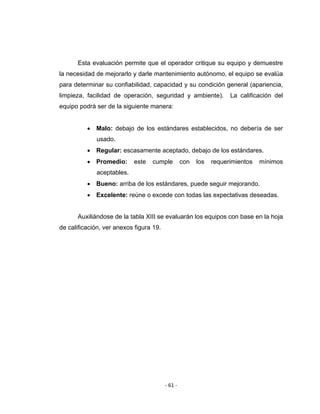 ‐ 61 ‐ 
 
Esta evaluación permite que el operador critique su equipo y demuestre
la necesidad de mejorarlo y darle mantenimiento autónomo, el equipo se evalúa
para determinar su confiabilidad, capacidad y su condición general (apariencia,
limpieza, facilidad de operación, seguridad y ambiente). La calificación del
equipo podrá ser de la siguiente manera:
• Malo: debajo de los estándares establecidos, no debería de ser
usado.
• Regular: escasamente aceptado, debajo de los estándares.
• Promedio: este cumple con los requerimientos mínimos
aceptables.
• Bueno: arriba de los estándares, puede seguir mejorando.
• Excelente: reúne o excede con todas las expectativas deseadas.
Auxiliándose de la tabla XIII se evaluarán los equipos con base en la hoja
de calificación, ver anexos figura 19.
 