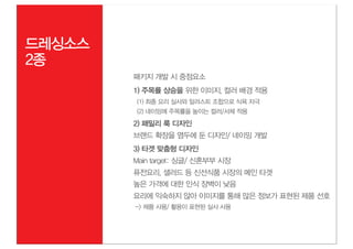 드레싱소스
2종
        패키지 개발 시 중점요소
        1) 주목률 상승을 위한 이미지, 컬러 배경 적용
        (1) 최종 요리 실사와 일러스트 조합으로 식욕 자극
        (2) 네이밍에 주목률을 높이는 컬러/서체 적용
        2) 패밀리 룩 디자인
        브랜드 확장을 염두에 둔 디자인/ 네이밍 개발
        3) 타겟 맞춤형 디자인
        Main target: 싱글/ 신혼부부 시장
        퓨전요리, 샐러드 등 신선식품 시장의 메인 타겟
        높은 가격에 대한 인식 장벽이 낮음
        요리에 익숙하지 않아 이미지를 통해 많은 정보가 표현된 제품 선호
        -> 제품 사용/ 활용이 표현된 실사 사용
 