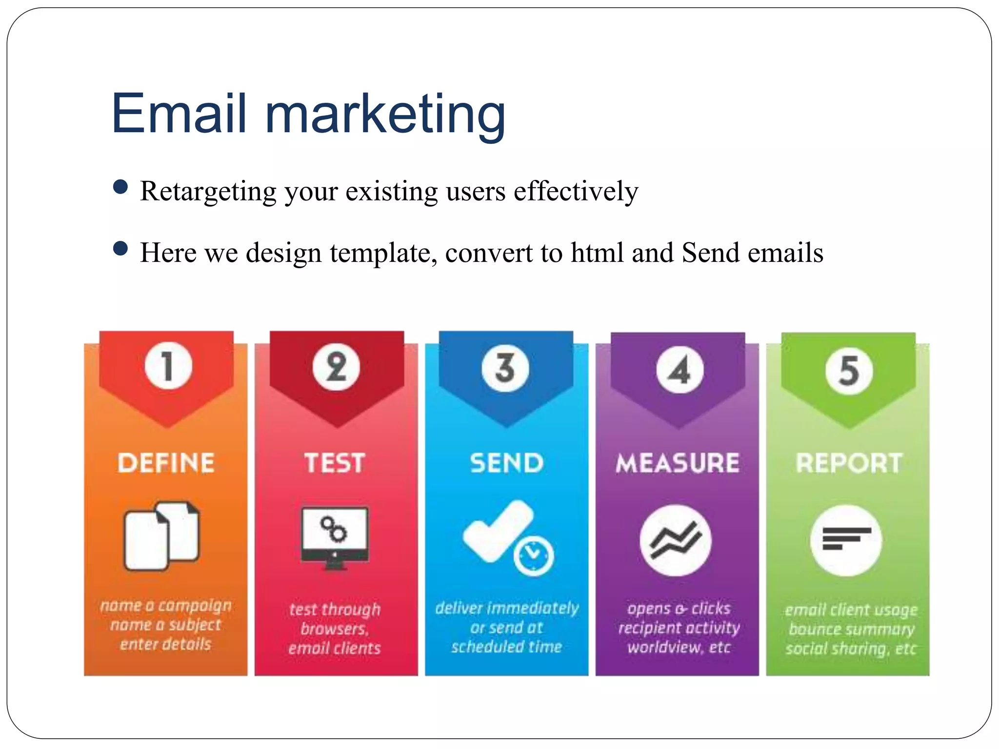 Email marketing
 Retargeting your existing users effectively
 Here we design template, convert to html and Send emails
 
