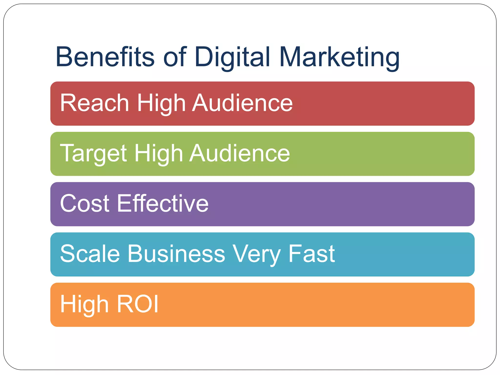 Benefits of Digital Marketing
Reach High Audience
Target High Audience
Cost Effective
Scale Business Very Fast
High ROI
 