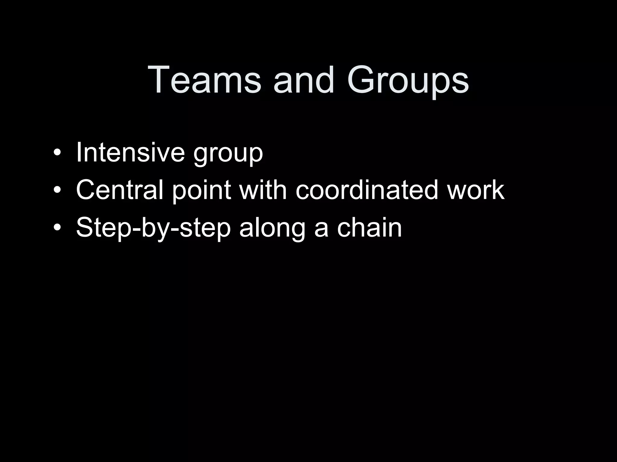 Teams and Groups Intensive group Central point with coordinated work Step-by-step along a chain 