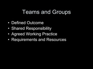 Teams and Groups Defined Outcome Shared Responsibility Agreed Working Practice Requirements and Resources 