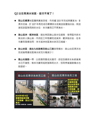 Q2 以往易淹水地區，這次不淹了！
 岡山石螺潭地區屬典寶溪流域，市府繼 103 年完成典寶溪 A、B
滯洪池後，於 107 年再完成石螺潭排水拓寬並設置抽水站，有效
減低該區降雨時的水位，本次豪雨已不再淹水。
 旗山溪洲、鯤洲地區，過去常因旗山溪水位過高，使得區內排水
無法排入旗山溪。市府近三年陸續完成溪洲、鯤洲抽水站，在本
次豪雨發揮效用，本次溪洲地區淹水狀況已減緩。
 鼓山地區，過去九如路橋及鼓山三路容易積水，鼓山台泥滯洪池
完成後周邊地區淹水狀況大幅減少！
 鳳山光復路一帶，以前逢雨變成光復河，自從改善排水系統後淹
水已不復見，惟本次豪雨短時強降雨太大，但雨停後道路積水也
就退卻。
 