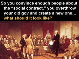 So you convince enough people about the “social contract,” you overthrow your old gov and create a new one…  what should it look like? 