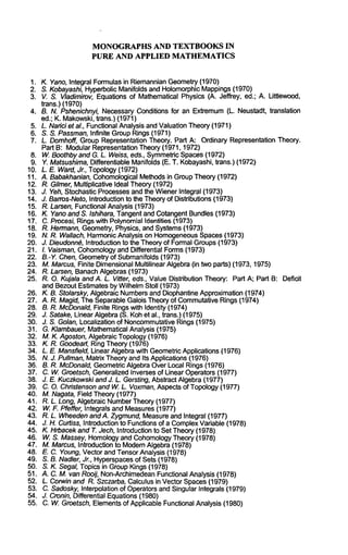MONOGRAPHS AND TEXTBOOKS IN 
PURE AND APPLIED MATHEMATICS 
1. K. Yano,I ntegral Formulasin RiemanniaGne ometr(y1 970) 
2. S. KobayashiH, yperbolicM anifoldsa ndH olomorphiMc apping(s1 970) 
3. V. S. Vladimirov,E quationosf MathematicaPlh ysics(A . Jeffrey, ed.; A. Littlewood, 
trans.) (1970) 
4. B. N. Pshenichnyi,N ecessarCy onditionsf or an Extremu(mL. Neustadt,t ranslation 
ed.; K. Makowsktri,a ns.) (1971) 
5. L. Nadcietal.,F unctionaAl nalysisa ndV aluationT heory(1 971) 
6. S.S. PassmanIn, finite GroupR ings( 1971) 
7. L. DomhoffG, roupR epresentatioTn heory.P art A: OrdinaryR epresentationT heory. 
Part B: ModulaRr epresentatioTnh eory( 1971, 1972) 
8. W. Boothbya ndG . L. Weiss,e ds., SymmetriSc paces(1 972) 
9. Y. MatsushimDai,f ferentiableM anifolds(E . T. Kobayashtir,a ns.) (1972) 
10. L. E. WardJ, r., Topolog(y1 972) 
11. A. BabakhanianC, ohomologicaMl ethodsin GroupT heory( 1972) 
12. R. GilmerM, ultiplicativeI deal Theory(1 972) 
13. J. Yeh,S tochasticP rocesseasn dt he WieneIrn tegral (1973) 
14. J. Barros-NetoIn, troductionto the Theoryo f Distributions( 1973) 
15. R. Larsen,F unctionaAl nalysis( 1973) 
16. K. Yanoa ndS . Ishihara, Tangenat ndC otangenBt undles( 1973) 
17. C. Procesi,R ingsw ~thP olynomiIadl entities (1973) 
18. R. HermannG, eometryP, hysics, andS ystem(s1 973) 
19. N.R. Wallach, HarmonicA nalysis on HomogeneoSupsa ces(1 973) 
20. J. Dieudonn~In, troductiont o the Theoryo f FormaGl roup(s1 973) 
21. /. VaismanC, ohomoloagnyd D ifferential Forms(1 973) 
22. B.-Y. Chert, Geometroyf Submanifold(s1 973) 
23. M. MarcusF, inite DimensionMalu ltilinearA lgebra(i n twop arts) (1973,1 975) 
24. R. Larsen,B anachA lgebras( 1973) 
25. R. O. Kujalaa ndA . I_ Vitter, eds., ValueD istributionT heoryP: art A; Part B: Deficit 
andB ezouEt stimatesb y WilhelmS toll (1973) 
26. K.B. Stolarsky, AlgebraicN umbearsn dD iophantineA pproximatio(n1 974) 
27. A. Ft. Magid,T heS eparableG aloisT heoryo f CommutativRein gs( 1974) 
28. B.R.M cDonalFdi,n ite Ringsw ith Identity (1974) 
29. J. SatakeL, inearA lgebr(aS . Kohe t al., trans.) (1975) 
30. J. S. Golan,L ocalizationo f NoncommutatRivineg s( 1975) 
31. G. KlambauerM, athematicaAl nalysis( 1975) 
32. M. K. AgostonA, lgebraicT opolog(y1 976) 
33. K.R. GoodearlR, ing Theory( 1976) 
34. L.E. Mansfield,L inearA lgebraw ith GeometriAc pplications( 1976) 
35. N.J. PullmanM, atrix Theorya ndI ts Applications( 1976) 
36. B.R. McDonaldG, eometriAc lgebraO verL ocal Rings( 1976) 
37. C. W. GroetschG, eneralizeIdn verseso f LinearO perator(s1 977) 
38. J. E. Kuczkowsakni dJ . L. Gersting,A bstractA lgebra(1 977) 
39. C. O. Chdstensoann dW . L. VoxmanA, spectso f Topology(1 977) 
40. M. NagataF, ield Theory(1 977) 
41. R.L. Long, AlgebraicN umbeTrh eory( 1977) 
42. W.F.P feffer, Integrals andM easure(1s 977) 
43. R.L. Wheedeann dA.Z ygmundM, easurea ndI ntegral (1977) 
44. J.H. Curtiss, Introductiont o Functionso f a CompleVxa riable( 1978) 
45. K. Hrbaceakn dT . Jech, Introductiont o Set Theory(1 978) 
46. W.S. Massey,H omologay nd CohomologTyh eory( 1978) 
47. M. MarcusI,n troduction to ModeAmlg ebra( 1978) 
48. E.C. YoungV, ectora ndT ensorA nalysis (1976) 
49. S.B. Nadler,J r., Hyperspacoefs Sets( 1978) 
50. S.K. Segal, Topicsi n GroupK ings( 1978) 
51. A. CoM . van Rooij, Non-ArchimedeFaunn ctionalA nalysis( 1978) 
52. L. Corwina ndR . SzczarbaC, alculusi n VectorS paces(1 979) 
53. C. SadoskyIn, terpolationo f Operatorasn dS ingularI ntegrals( 1979) 
54. J. Cronin,D ifferential Equation(s1 980) 
55. C. W. GroetschE, lementosf ApplicableF unctionaAl nalysis( 1980) 
 