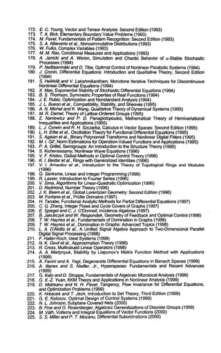172. E. C. YoungV, ectora ndT ensorA nalysis:S econdE dition (1993) 
173. T.A. Bick, ElementaryB oundarVy alueP roblems(1 993) 
174. M. Pavel, Fundamentaolsf PattemR ecognition:S econdE dition (1993) 
175. S. A. Albevedeot al., NoncommutaDtiviset ributions (1993) 
176. W. Fulks, CompleVx ariables (1993) 
177. M. M. Rao,C onditionalM easureasn dA pplications( 1993) 
178. A. Janicki andA . WeronS, imulationa ndC haoticB ehavioro f c~-StableS tochastic 
Processes(1 994) 
179. P. Neittaanm~kain dD . 77ba,O ptimaCl ontrolo f NonlineaPr arabolicS ystem(s1 994) 
180. J. Cronin,D ifferential EquationsI:n troductiona ndQ ualitative TheoryS, econEdd ition 
(1994) 
181. S. Heikkil~ andV . LakshmikanthaMmo, notonIete rative Techniquefso r Discontinuous 
NonlineaDr ifferential Equation(s1 994) 
182. X. MaoE, xponentiaSlt ability of StochasticD ifferential Equation(s1 994) 
183. B.S. ThomsonS,y mmetricP ropertieso f RealF unctions( 1994) 
184. J. E. Rubio,O ptimizationa ndN onstandaArdn alysis( 1994) 
185. J.L. Buesoe t al., CompatibilityS, tability, andS heave(1s9 95) 
186. A. N. Michela ndK . WangQ, ualitative Theoryo f DynamicaSl ystem(s1 995) 
187. M.R. DamelT, heoryo f Lattice-OrderedG roups(1 995) 
188. Z. Naniewicza nd P. D. PanagiotopoulosM, athematicalT heoryo f Hemivadational 
Inequalitiesa ndA pplications(1 995) 
189. L.J. Corwina ndR . H. SzczarbaC, alculusi n VectorS pacesS: econEd dition (1995) 
190. L.H. Erbee t aL, OscillationT heoryfo r FunctionaDl ifferential Equation(s1 995) 
191. S. Agaiane t aL, BinaryP olynomiaTlr ansformasn dN onlineaDr igital Filters (1995) 
192. M. L Gil’, NormE stimationsfo r Operation-ValuFeudn ctionsa ndA pplications( 1995) 
193. P.A. Gdllet, SemigroupAsn: I ntroductiont o the StructureT heory(1 995) 
194. S. KichenassamNy,o nlinearW aveE quations( 1996) 
195. V.F. Krotov, GlobalM ethodisn OptimaCl ontrolT heory( 1996) 
196. K. L Beidareat l., Ringsw ith GeneralizeIde ntities (1996) 
197. V. L Amautoevt aL, Introduction to the Theoryo f TopologicalR ingsa ndM odules 
(1996) 
198. G. Sierksma,L inearandI nteger Programmin(1g9 96) 
199. R. Lasser,I ntroductiont o FourierS eries( 1996) 
200. V. Sima,A lgorithmsfo r Linear-QuadratiOc ptimization(1 996) 
201. D. RedmondN, umbeTr heory (1996) 
202. J.K. Beeme t al., GlobalL orentzianG eometryS:e condE dition (1996) 
203. M. Fontanae t aL, Pr0fer Domain(s1 997) 
204. H. TanabeF, unctionalA nalytic Methodfso r PaPaDl ifferential Equations(1 997) 
205. C. Q. Zhang,I nteger Flowsa ndC ycleC overso f Graphs(1 997) 
206. E. Spiegela ndC . J. O’Donnell,I ncidenceA lgebras( 1997) 
207. B. Jakubczyka ndW . RespondekG, eometroyf Feedbacakn d OptimalC ontrol (1998) 
208. T. W. Haynees t al., Fundamentaolsf Dominationin Graphs(1 998) 
209. T. W. Haynees t al., Dominationin Graphs:A dvanceTdo pics( 1998) 
210. L. A. D’Alotto et al., A Unified SignalA lgebraA pproactho Two-DimensionPaalr allel 
Digital SignalP rocessin(g1 998) 
211. F. Halter-KochI,d eal System(s1 998) 
212. N.K. Govilet a/., ApproximatioTnh eory( 1998) 
213. R. Cross,M ultivaluedL inearO perators(1 998) 
214. A. A. MartynyukS, tability by Liapunov’sM atrix FunctionM ethodw ith Applications 
(1998) 
215. A. Favini andA.Y agi, DegeneratDe ifferential Equationsin BanachS paces(1 999) 
216. A. I/lanes and S. Nadler, Jr., HyperspacesF: undamentalasn d RecentA dvances 
(1999) 
217. G. Katoa ndD . Struppa,F undamentaolfs A lgebraicM icrolocalA nalysis( 1999) 
218. G.X.-Z.Y uan,K KMTh eorya ndA pplicationsi n NonlinearA nalysis( 1999) 
219. D. Motreanaun dN . H. Pave/, TangencyF, lowI nvariancef or Differential Equations, 
andO ptimizationP roblems(1 999) 
220. K. Hrbaceakn dT . Jech,I ntroductiont o Set Theory,T hird Edition (1999) 
221. G.E. Kolosov,O ptimalD esigno f Control System(s1 999) 
222. N.L. Johnson,S ubplaneC overedN ets (2000) 
223. B. Fine andG . RosenbergeAr,l gebraicG eneralizationosf DiscreteG roup(s! 999) 
224. M. V~th,V olterraa ndI ntegral Equationosf VectorF unctions(2 000) 
225. S. S. Miller andP . T. MocanuD,i fferential Subordination(2s0 00) 
 