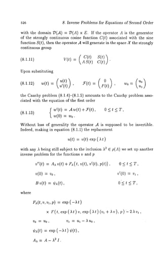 526 8. Inverse Problems for Equations of Second Order 
with the domain ~(.A) = /)(A) x E. If the operator A is the generator 
of the strongly continuous cosine function C(t) associated with the sine 
function S(t), then the operator A will generate in the space X the strongly 
continuous group 
(8.1.11) 
Upon substituting 
(8.1.1~) 
v(t) : (AcS((~~) Cs)((~~))~] 
iT(t) = F(t ’ Wo = 
the Cauchy problem (8.1.4)-(8.1.5) amounts to the Cauchy problem asso-ciated 
with the equation of the first order 
w’(t) = A w(t) + iT(t), 0 < t 
(8.1.13) 
w(O) w0. 
Without loss of generality the operator A is supposed to be invertible. 
Indeed, making in equation (8.1.1) the replacement 
u(t) = v(t) exp( ~ t) 
with any A being still subject to the inclusion A~ E p(A) we set up another 
inverse problem for the functions v and p 
O<t<T, 
v’(0) = vl, 
0<t <T, 
v"(t) = A~ v(t) + F~(t, v(t), v’(t), 
v(O) = vo, 
B v(t) = ¢~(t), 
where 
Fx(t,v, vl,p) = exp(-At) 
x F(t, exp(At)v, exp(At)(vl+Av),p)-2Av,, 
VO ~ ItO 1 Vl ~ Ul -- A u 0 1 
~b~(t) = exp (-,~t) ~fl(t), 
Aa = A-I~I. 
 