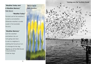 30
“Weather Today and
A Weather Memory”
Peter Bacon
“Weather Today”
The best use for the weather is
to start a conversation.
Otherwise weather is usually
a pain in the backside!
The end.
“Weather Memory”
I am the weather!
and before I dry out
I am going next door
to wet my neighbour’s
washing she has just put out.
It’s revenge for her dog
digging up all the little flowers
I’ve just planted.
I hate her dog!
Wet on wet by
Betty Hampton
43
“Starlings over Pier” by Ricky Purnell
 