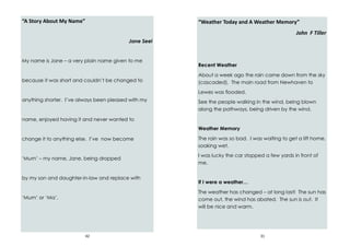 42
“A Story About My Name”
Jane Seel
My name is Jane – a very plain name given to me
because it was short and couldn’t be changed to
anything shorter. I’ve always been pleased with my
name, enjoyed having it and never wanted to
change it to anything else. I’ve now become
‘Mum’ – my name, Jane, being dropped
by my son and daughter-in-law and replace with
‘Mum’ or ‘Ma’.
31
“Weather Today and A Weather Memory”
John F Tiller
Recent Weather
About a week ago the rain came down from the sky
(cascaded). The main road from Newhaven to
Lewes was flooded.
See the people walking in the wind, being blown
along the pathways, being driven by the wind.
Weather Memory
The rain was so bad. I was waiting to get a lift home,
soaking wet.
I was lucky the car stopped a few yards in front of
me.
If I were a weather…
The weather has changed – at long last! The sun has
come out, the wind has abated. The sun is out. It
will be nice and warm.
 