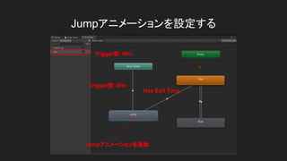 Jumpアニメーションを設定する
Trigger型：Win
Has Exit Time
Jumpアニメーションを追加
Trigger型：Win
 