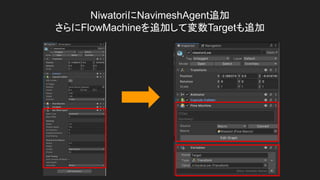 NiwatoriにNavimeshAgent追加
さらにFlowMachineを追加して変数Targetも追加
 