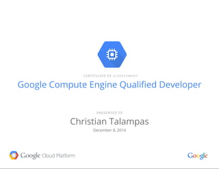 Google Compute Engine Qualified Developer
Christian Talampas
December 8, 2014
 