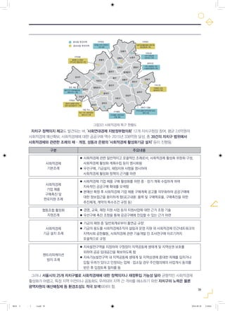 39
자치구 정책의지 제고도 발견되는 바, '사회연대경제 지방정부협의회' 12개 자치구청장 참여, 평균 2.6억원의
사회적경제 예산확보, 사회적경제에 대한 공공구매 액수 2015년 338억원 달성, 총 39건의 자치구 범위에서
사회적경제와 관련한 조례의 제·개정, 성동과 은평의 '사회적경제 활성화기금 설치' 등이 진행됨.
그러나 서울시의 25개 자치구별로 사회적경제에 대한 정책의지나 재정투입 가능성 달라 균형적인 사회적경제
활성화가 어렵고, 특정 지역 이전이나 공동화도 우려되어 지역 간 격차를 해소하기 위한 자치구의 노력은 물론
광역차원의 예산매칭제 등 환경조성도 적극 모색되어야 함.
구분 주요내용
사회적경제
기본조례
● 사회적경제 관련 일반적이고 포괄적인 조례로서, 사회적경제 활성화 위원회 구성,
사회적경제 활성화 계획수립 등이 명시화됨
● 우선구매, 기금설치, 재정지원 사항을 명시하여
사회적경제 활성화 정책의 근거를 마련
사회적경제
기업 제품
구매촉진 및
판로지원 조례
● 사회적경제 기업 제품 구매 활성화를 위한 중·장기 계획 수립하게 하여
지속적인 공공구매 확대를 모색함
● 본예산 확정 후 사회적경제 기업 제품 구매계획 공고를 의무화하여 공공구매에
대한 정보접근을 용이하게 함(공고내용: 품목 및 구매목표율, 구매촉진을 위한
추진체계, 계약의 특수조건 규정 등)
협동조합 활성화
지원조례
● 경영, 교육, 재정 지원 사업 등의 지원사업에 대한 근거 조항 기술
● 우선구매 촉진 조항을 통해 공공구매에 진입할 수 있는 근거 마련
사회적경제
기금 설치 조례
● 기금의 재원 중 '일반회계로부터 출연금 규정'
● 기금의 용도를 사회적경제조직의 설립과 운영 지원 외 사회적경제 민간네트워크의
지역사회 공헌활동, 사회적경제 관련 기술개발 민 조사연구에 이르기까지
포괄적으로 규정
젠트리피케이션
방지 조례
● 지속발전구역을 지정하여 구청장이 지역공동체 생태계 및 지역상권 보호를
위하여 공공 임대공간을 확보하도록 함
● 지속가능발전구역 내 지역공동체 생태계 및 지역상권에 중대한 피해를 입히거나
입힐 우려가 있다고 인정되는 업체·업소일 경우 주민협의체의 사업개시 동의를
받은 후 입점토록 절차를 둠
그림32) 사회적경제 특구 현황도
그림28) 사회적경제 특구 현황도
불광동 도시재생
지역 관리 협동조합 구축
지역재생
홍대 인근 문화예술관광,
체험서비스 개발
문화, 예술
청년의 살림을 살리는
‘동작 청년살림지구’구축
지역청년
학교 기반 사회적경제
클러스터 구축
마을, 학교
아이돌봄 사회적경제
모델 개발
아이돌봄 지역내 돌봄사회적경제기업간
협력 사업
생애주기 돌봄
가죽패션 산업
협업체계 구축
가죽산업
지역 산업현장 기반
소셜패션생태계 구축
봉제산업
지역 자원순환
네트워크 구축
자원순환
사회적경제를 통해 강북구에
청년생태계 구축
지역청년
장위동 지역 지역관리
기업 설립
지역재생본사업 추진지역
준비사업 추진지역
0818 5 - ( ).indd 39 2016-08-20 2:18:04
 