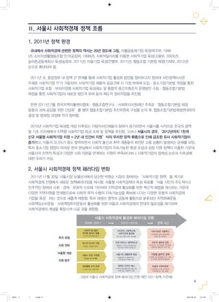 9
Ⅱ. 서울시 사회적경제 정책 흐름
그림4) 서울시 사회적경제 정책 패러다임 전환 제안 (2011청책, 이은애)
추진 관점
사회적기업 통한
취약층 일자리 창출
(단기적 양적확충 중시) (장기성,고용/수익은 결과물)
(사회문화-경제-환경 통합
휴면기업 내실화)
(교차보조 수익개발형 자산형성,
사업연합 협동경제 촉진 등)(획일성, 형평성 원칙) (협업단지 구축/사회책임조달
시장조성/사회투자금융 등)
(인증SE 등 역차별)
(서울형 창조경제클러스터 구축,
도시재생, 골목경제 활성화)
(사회적기업, 마을기업) (사회적기업,협동조합,마을기업,
자활기업,소셜벤쳐 포괄)
(공동체주거, 돌봄서비스,
학교쿱,에너지복지 등)
(사회책임 소비& 투자운동,
지역화폐 등 기반 강화)
시민주도 사회혁신체,
사회적경제 활성화
지속가능한 서울혁신
한시적 인건비 지원 민관거버넌스 생태계조성 자조적 생태계 강화
서울시 선정, 지원형 서울시민 생활문제 해결
정책간 칸막이 해소
거점별 솔루션 경제
경제활동 조직 한정 포괄적 사회적경제
지원 전략
지원 범주
그림4) 서울시 사회적경제 정책 패러다임 전환 제안 (2011정책, 이은애)
서울시 사회적경제 활성화 패러다임 전환서울시 사회적경제 활성화 패러다임 전환
2009~20112009~2011 2012~20162012~2016 향후 4년향후 4년
1. 2011년 정책 환경
국내에서 사회적경제 관련한 정책의 역사는 20년 정도에 그침. 자활공동체기업 육성(복지부, 1996
년), 소비자생활협동조합 인가(공정위, 1998년), 사회적일자리를 이용한 사회적기업 육성(고용부, 2003년),
농어촌공동체회사 육성(농림부, 2011년), 마을기업 육성(안행부, 2011년), 협동조합 기본법 제정(기재부, 2012년)
순으로 확대되어 옴.
2011년 초, 중앙정부 내 정책 간 연계를 통해 사회적기업 활성화 방안을 정비하고자 청와대 서민정책비서관
주재로 사회적기업 TF가 가동되어, 사회적기업 제품의 공공구매 시 가점 부여제 도입·중소기업기본법 개정을 통한
사회적기업 포함·부처지정형 사회적기업 육성제도 및 통합적 중간지원조직 운영방안 수립·협동조합기본법
제정을 통한 사회적기업의 새로운 법인격 부여 등의 제도적 정비작업을 추진함.
한편 2011년 2월, 한국지역자활센터협회·협동조합연구소·사회투자지원재단 주최로‘협동조합기본법 제정
동향과 과제 공감을 위한 간담회’를 열어 협동조합기본법 추진위원회 구성을 논의 후, 협동조합기본법제정연대회의
결성 및 법제정 과정에 적극 참여함.
2010년 사회적기업 육성법 개정 이후로는 지방자치단체들의 참여가 증가하면서 서울시를 시작으로 전국의 광역
및 기초 지자체에서 지역형 사회적기업 육성 조례 및 정책을 추진함. 그러나 서울시의 경우,‘2012년까지 1천개
신규 서울형 사회적기업 지정 = 2년 내 인건비 지원’식의 무리한 양적 확충으로 인해 급조된 유사 사회적기업이
증가했고, 이들의 32.5%가 중도 탈락하면서 사회적 불신과 취약 계층들의 회전문 고용 상황이 발생하는 문제를 보임.
특히 중소기업 창업이 어려운 한국 현실에서 사회적기업의 지속가능한 환경 조성과 성장 지원 정책이 미흡한 가운데,
서울시의 지역적 특성과 다양한 사회 자본을 연계하는 지원이 부족하다보니 사회적기업의 정체성 논란과 지속성에
대한 우려가 커짐.
2. 서울시 사회적경제 정책 패러다임 변화
2011년 11월 30일, 서울시장 보궐선거에서 당선한 박원순 시장이 참여하는‘사회적기업 청책’을 계기로
사회적경제 진영에서 새로운 정책패러다임을 제시함. 서울형 사회적경제의 육성 목표를‘서울 시민의 주도적이고
민주적인 참여와 사회·경제·문화적 수요에 기반하여 지역경제 활성화를 위한 혁신적 해법을 제시하는 가운데
다양한 지역자원을 연계함으로써 사회적 목적 수행의 지속가능성을 확보해 나가는 다양한 유형의 사회적경제
기업을 육성’하는 것으로 새롭게 제창함. 특히 재생산 영역의 공동체 활동으로 분류되던 지역화폐운동·
사회책임소비운동·사회책임투자운동의 활성화를 위한 마을과 사회적경제의 연대의 필요성을 제기하며
사회적경제의 개념을 확장시켜 나갈 것을 제창함.
0818 5 - ( ).indd 9 2016-08-20 2:17:59
 