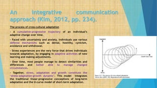 An integrative communication
approach (Kim, 2012, pp. 234).
The process of cross-cultural adaptation
- A cumulative–progressive trajectory of an individual’s
adaptive change over time.
- Faced with uncertainty and anxiety, individuals use various
defense mechanisms such as denial, hostility, cynicism,
avoidance and withdrawal.
- Stress experiences are the very force that drives individuals
towards adaptation, by engaging in adaptive activities of new
learning and making adjustments.
- Over time, most people manage to detect similarities and
differences and better able to manage changed
circumstances.
- Together, stress, adaptation and growth constitute the
‘stress–adaptation–growth dynamic’. This model integrates
the traditional linear–progressive conceptions of long-term
adaptation and the U-curve model of short-term adaptation.
 