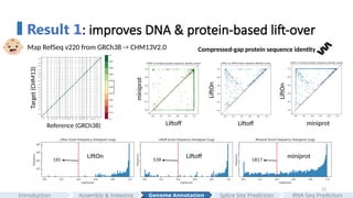 23
Result 1: improves DNA & protein-based lift-over
Map RefSeq v220 from GRCh38 -> CHM13V2.0
Target
(CHM13)
Reference (GRCh38)
LiftOn
Liftoff
LiftOn
miniprot
miniprot
Liftoff
Liftoff miniprot
LiftOn
Compressed-gap protein sequence identity
Assembly & Indexing
Introduction Genome Annotation Splice Site Prediction RNA-Seq Prediction
 
