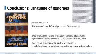 75
Conclusions: Language of genomes
Codons as “words” and genes as “sentences”.
Recurring k-mer motifs as discrete tokens,
modeling long-range dependencies as grammatical rules.
Steve Jones, 1993
Zhou et al., 2023; Hwang et al., 2024; Sanabria et al., 2024;
Nguyen et al., 2024; Theodoris, 2024; Dalla-Torre et al., 2025
Assembly & Indexing
Introduction Genome Annotation Splice Site Prediction RNA-Seq Prediction
 