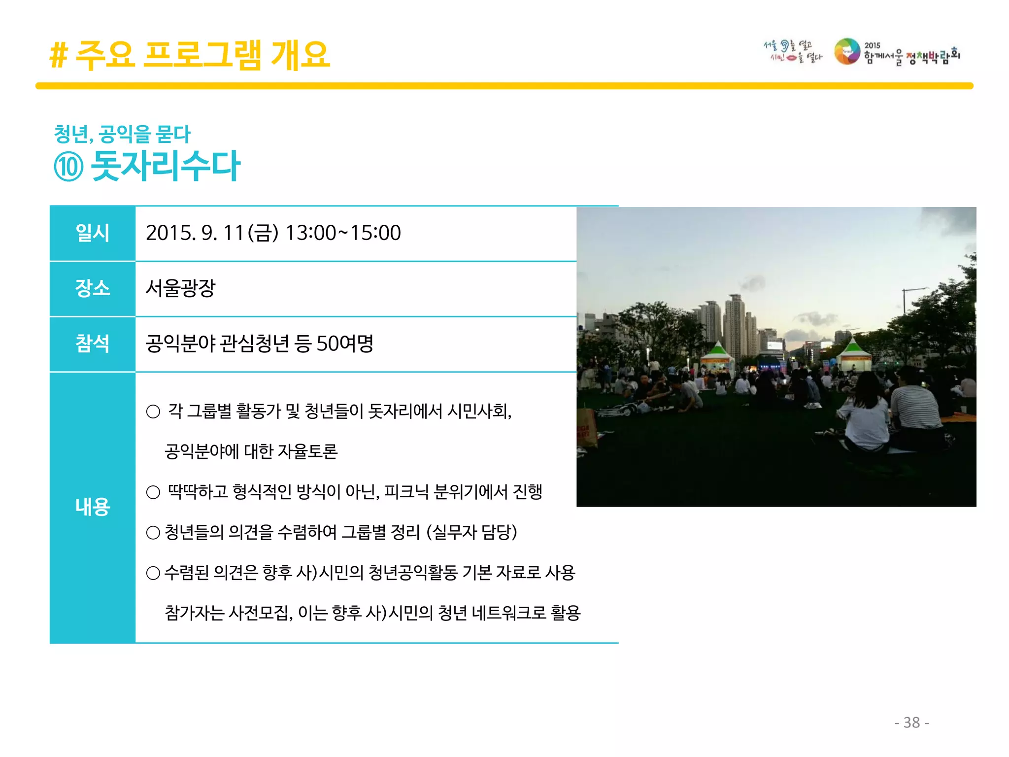 - 38 -
# 주요 프로그램 개요
청년, 공익을 묻다
⑩ 돗자리수다
일시 2015. 9. 11(금) 13:00~15:00
장소 서울광장
참석 공익분야 관심청년 등 50여명
내용
○ 각 그룹별 활동가 및 청년들이 돗자리에서 시민사회,
공익분야에 대한 자율토론
○ 딱딱하고 형식적인 방식이 아닌, 피크닉 분위기에서 진행
○ 청년들의 의견을 수렴하여 그룹별 정리 (실무자 담당)
○ 수렴된 의견은 향후 사)시민의 청년공익활동 기본 자료로 사용
참가자는 사전모집, 이는 향후 사)시민의 청년 네트워크로 활용
 