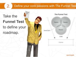 Take the
Funnel Test
to define your
roadmap.
Define your core passions with The Funnel Test2.
 