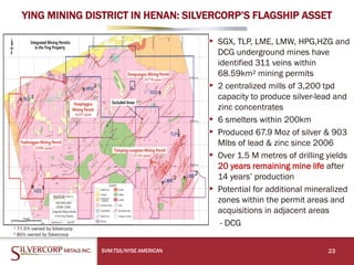 YING MINING DISTRICT IN HENAN: SILVERCORP’S FLAGSHIP ASSET
SVM:TSX/NYSE AMERICAN 23
▸ SGX, TLP, LME, LMW, HPG,HZG and
DCG underground mines have
identified 311 veins within
68.59km²mining permits
▸ 2 centralized mills of 3,200 tpd
capacity to produce silver-lead and
zinc concentrates
▸ 6 smelters within 200km
▸ Produced 67.9 Moz of silver & 903
Mlbs of lead & zinc since 2006
▸ Over 1.5 M metres of drilling yields
20 years remaining mine life after
14 years’ production
▸ Potential for additional mineralized
zones within the permit areas and
acquisitions in adjacent areas
- DCG
¹77.5% owned by Silvercorp
²80% owned by Silvercorp
¹
¹
¹
² ²
²
 
