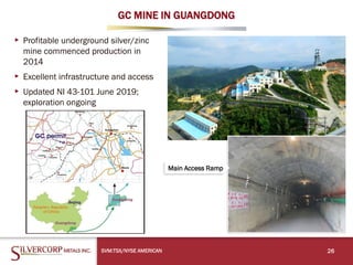 GC MINE IN GUANGDONG
▸ Profitable underground silver/zinc
mine commenced production in
2014
▸ Excellent infrastructure and access
▸ Updated NI 43-101 June 2019;
exploration ongoing
SVM:TSX/NYSE AMERICAN 26
Main Access Ramp
 