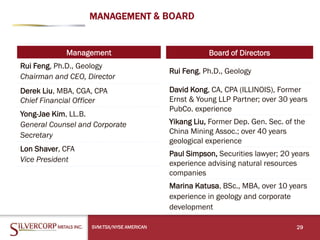 SVM:TSX/NYSE AMERICAN 29
MANAGEMENT & BOARD
Management
Rui Feng, Ph.D., Geology
Chairman and CEO, Director
Derek Liu, MBA, CGA, CPA
Chief Financial Officer
Yong-Jae Kim, LL.B.
General Counsel and Corporate
Secretary
Lon Shaver, CFA
Vice President
Board of Directors
Rui Feng, Ph.D., Geology
David Kong, CA, CPA (ILLINOIS), Former
Ernst & Young LLP Partner; over 30 years
PubCo. experience
Yikang Liu, Former Dep. Gen. Sec. of the
China Mining Assoc.; over 40 years
geological experience
Paul Simpson, Securities lawyer; 20 years
experience advising natural resources
companies
Marina Katusa, BSc., MBA, over 10 years
experience in geology and corporate
development
 