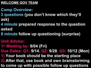 WELCOME GOV TEAM Comp Overview: 3 questions  (you don’t know which they’ll ask) 4 minute  prepared response to the question asked 8 minute  follow up questioning (surprise) Unit Advice: 1 st  Meeting by:  9/04 (Fri) Due Dates: Q1:  9/14 , Q2:  9/28 , Q3:  10/12 (Mon) 1)  Your book should be the starting place 2)  After that, use book and own brainstorming to come up with possible follow up questions to research 