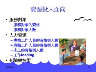 資源投入面向
• 服務對象
     – 服務對象的資格
     – 服務對象人數
• 人力資源
     – 專業工作人員的資格與人數
     – 兼職工作人員的資格與人數
     – 志工的資格與人數
     – 工作loading
• 知識與技術
2012/8/31             34
 