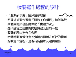 檢視運作過程的設計
•「服務的定義」陳述清楚明確
•明確描述運作過程「服務工作項目」如何進行
•具體陳述服務所提供之「處遇方法」
•運作過程之規劃與問題陳述及目的一致
•設計的理由充分且合理
•活動時間適當合宜且資源的運用在可行的範圍
•綜觀運作過程，是否有銜接以及邏輯關係


2012/8/31               42
 