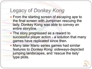 Legacy of Donkey Kong
 From the starting screen of escaping ape to
  the final screen with Jumpman rescuing the
  lady, D...