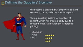 Defining the ‘Suppliers’ Incentive
We become a platform that empowers content
creators to be regarded as domain experts
Through a rating system for suppliers of
content, which will ensure quality due to a
constant feedback mechanism (Differential
pricing)
- Champion
- Ninja
- Pro
 