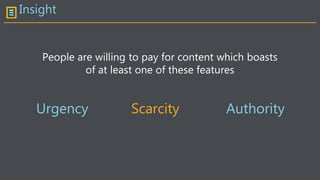Insight
Urgency Scarcity Authority
People are willing to pay for content which boasts
of at least one of these features
 