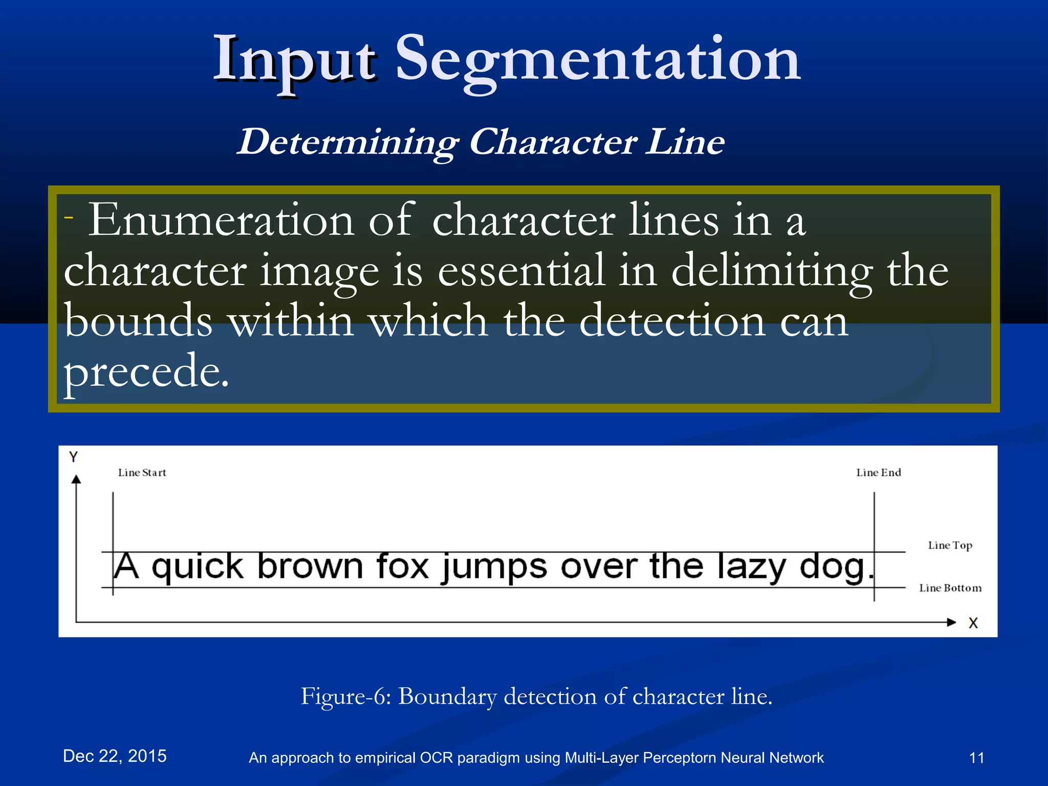 InputInput Segmentation
- Enumeration of character lines in a
character image is essential in delimiting the
bounds within which the detection can
precede.
Dec 22, 2015 11An approach to empirical OCR paradigm using Multi-Layer Perceptorn Neural Network
Determining Character Line
Figure-6: Boundary detection of character line.
 
