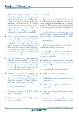 Projeto Diretrizes
Associação Médica Brasileira e Conselho Federal de Medicina
10 Queimaduras: Diagnóstico e Tratamento Inicial
fluoresceína para confirmação do
diagnóstico. As queimaduras corneanas
superficiais devem ser tratadas com
irrigação vigorosa, pomada oftálmica-
antibiótica e vedação ocular. Em todas as
lesões diagnosticadas e naquelas quando o
teste diagnóstico não pode ser feito ou é
dúbio, solicitar avaliação do oftalmologista.
Não ocluir se o agente lesivo for álcali;
• Mãos: as mãos devem ficar elevadas por
24h a 48h após a queimadura, para
minimizar o edema. Os pacientes com
queimaduras circunferenciais das mãos
podem necessitar de hospitalização para
observação de uma circulação adequada.
Os exercícios para amplitude de
movimento terão que começar logo que
possível após o acidente;
• Pés: as queimaduras dos pés são
dolorosas, porém a marcha e os exercícios
para amplitude de movimento terão que
ser encorajados. Os pés queimados terão
que ficar elevados quando o paciente não
estiver andando ou exercitando-se;
• Períneo: as queimaduras perineais
costumam exigir hospitalização, pelo alto
risco de complicações, como infecção ou
obstrução urinária. Utilizar, preferen-
cialmente, curativos por exposição.
CONDUTA NA INTERNAÇÃO
• Crianças com áreas acima de 10%: sonda
vesical e nasogástrica.
• Adultos com áreas acima de 25%: sonda
vesical e nasogástrica.
DIURESE
A diurese deve ser controlada de hora em hora
(medidaesuascaracterísticasdescritas–clara,límpida,
turva, hemorrágica, hemoglobinúria, etc), mesmo
quando se decidir contra o uso de sonda vesical
(controlefeitoquandoocorreaeliminaçãovoluntária).
Durante a fase de ressuscitação, deve ser de
0,5 ml/kg/h em crianças maiores de 12 anos e
de 1ml/kg/h em crianças menores de 12 anos.
ALIMENTAÇÃO
A alimentação via oral ou via tubo terá início
imediatamente após a internação:
Critérios para a instituição do suporte nutri-
cional enteral (via oral ou via sonda nasogástrica),
no paciente queimado:
• Adulto com queimaduras em áreas supe-
riores a 20% e criança com área queimada
superior a 15%;
• Necessidade de suporte ventilatório;
• Múltiplas intervenções cirúrgicas;
• Estado nutricional comprometido anterior
à queimadura;
• Perda de peso superior a 10% durante o
tratamento;
• Idosos com mais de 20% de área corporal
queimada;
• Traumatismo cranioencefálico – lesões
faciais graves – incapacidade de deglutição;
 