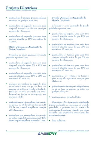 Projeto Diretrizes
Associação Médica Brasileira e Conselho Federal de Medicina
6 Queimaduras: Diagnóstico e Tratamento Inicial
• queimaduras de primeiro grau em qualquer
extensão, em qualquer idade e/ou;
• queimaduras de segundo grau com área
corporal atingida até 5% em crianças
menores de 12 anos, ou;
• queimaduras de segundo grau com área
corporal atingida até 10% em maiores de
12 anos.
Médio Queimado ou Queimado de
Média Gravidade
Considera-se como queimado de média
gravidade o paciente com:
• queimaduras de segundo grau com área
corporal atingida entre 5% a 15% em
menores de 12 anos, ou;
• queimaduras de segundo grau com área
corporal atingida entre 10% a 20% em
maiores de 12 anos, ou;
• qualquer queimadura de segundo grau
envolvendo mão ou pé ou face ou
pescoço ou axila ou grande articulação
(axila ou cotovelo ou punho ou coxo-
femoral ou joelho ou tornozelo), em
qualquer idade;
• queimaduras que não envolvam face ou mão
ou períneo ou pé, de terceiro grau com até
5% da área corporal atingida em crianças
até 12 anos, ou;
• queimaduras que não envolvam face ou mão
ouperíneooupé,deterceirograucomaté10%
daáreacorporalatingidaemmaioresde12anos.
Grande Queimado ou Queimado de
Grande Gravidade
Considera-se como queimado de grande
gravidade o paciente com:
• queimaduras de segundo grau com área
corporal atingida maior do que 15% em
menores de 12 anos, ou;
• queimaduras de segundo grau com área
corporal atingida maior do que 20% em
maiores de 12 anos, ou;
• queimaduras de terceiro grau com área
corporal atingida maior do que 5% em
menores de 12 anos, ou;
• queimaduras de terceiro grau com área
corporal atingida maior do que 10% em
maiores de 12 anos, ou;
• queimaduras de segundo ou terceiro
grau atingindo o períneo, em qualquer
idade, ou;
• queimaduras de terceiro grau atingindo mão
ou pé ou face ou pescoço ou axila, em
qualquer idade, ou;
• queimaduras por corrente elétrica.
Observação: Será igualmente considerado
grande queimado ou queimado de grande
gravidade, o paciente que for vítima de
queimaduras de qualquer extensão que tenha
associada a esta queimadura uma ou mais das
seguintes situações:
• lesão inalatória;
 