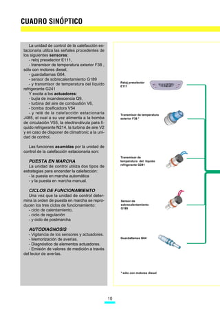La unidad de control de la calefacción es-
tacionaria utiliza las señales procedentes de
los siguientes sensores:
   - reloj preselector E111,
   - transmisor de temperatura exterior F38 ,
sólo con motores diesel,
   - guardallamas G64,
   - sensor de sobrecalentamiento G189
                                                      Reloj preselector
   - y transmisor de temperatura del líquido          E111
refrigerante G241
   Y excita a los actuadores:
   - bujía de incandescencia Q9,
   - turbina del aire de combustión V6,
   - bomba dosificadora V54
   - y relé de la calefacción estacionaria            Transmisor de temperatura
J485, el cual a su vez alimenta a la bomba            exterior F38 *
de circulación V55, la electroválvula para lí-
quido refrigerante N214, la turbina de aire V2
y en caso de disponer de climatronic a la uni-
dad de control.

  Las funciones asumidas por la unidad de
control de la calefacción estacionaria son:
                                                      Transmisor de
  PUESTA EN MARCHA                                    temperatura del líquido
                                                      refrigerante G241
   La unidad de control utiliza dos tipos de
estrategias para encender la calefacción:
   - la puesta en marcha automática
   - y la puesta en marcha manual.

  CICLOS DE FUNCIONAMIENTO
  Una vez que la unidad de control deter-
mina la orden de puesta en marcha se repro-           Sensor de
ducen los tres ciclos de funcionamiento:              sobrecalentamiento
                                                      G189
  - ciclo de calentamiento,
  - ciclo de regulación
  - y ciclo de postmarcha

  AUTODIAGNOSIS
   - Vigilancia de los sensores y actuadores.
                                                      Guardallamas G64
   - Memorización de averías.
   - Diagnóstico de elementos actuadores.
   - Emisión de valores de medición a través
del lector de averías.



                                                      * sólo con motores diesel




                                                 	
 