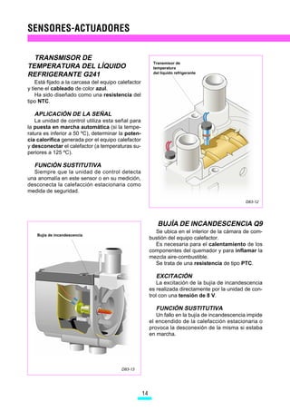 TRANSMISOR DE
                                                           Transmisor de
TEMPERATURA DEL LÍQUIDO                                    temperatura
                                                           del líquido refrigerante
REFRIGERANTE G241
    Está fijado a la carcasa del equipo calefactor
y tiene el cableado de color azul.
    Ha sido diseñado como una resistencia del
tipo NTC.

   APLICACIÓN DE LA SEÑAL
   La unidad de control utiliza esta señal para
la puesta en marcha automática (si la tempe-
ratura es inferior a 50 ºC), determinar la poten-
cia calorífica generada por el equipo calefactor
y desconectar el calefactor (a temperaturas su-
periores a 125 ºC).

   FUNCIÓN SUSTITUTIVA
  Siempre que la unidad de control detecta
una anomalía en este sensor o en su medición,
desconecta la calefacción estacionaria como
medida de seguridad.
                                                                                                  D83-12




                                                             BUJÍA DE INCANDESCENCIA Q9
                                                            Se ubica en el interior de la cámara de com-
    Bujía de incandescencia
                                                          bustión del equipo calefactor.
                                                            Es necesaria para el calentamiento de los
                                                          componentes del quemador y para inflamar la
                                                          mezcla aire-combustible.
                                                            Se trata de una resistencia de tipo PTC.

                                                            EXCITACIÓN
                                                              La excitación de la bujía de incandescencia
                                                          es realizada directamente por la unidad de con-
                                                          trol con una tensión de 8 V.

                                                            FUNCIÓN SUSTITUTIVA
                                                             Un fallo en la bujía de incandescencia impide
                                                          el encendido de la calefacción estacionaria o
                                                          provoca la desconexión de la misma si estaba
                                                          en marcha.




                                         D83-13




                                                     
 