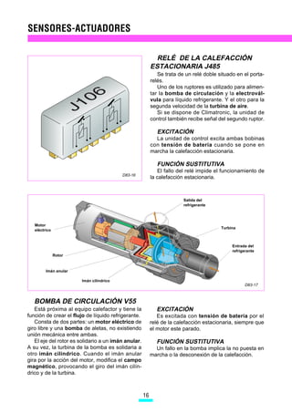 RELÉ DE LA CALEFACCIÓN
                                                          ESTACIONARIA J485
                                                             Se trata de un relé doble situado en el porta-
                                                          relés.
                                                             Uno de los ruptores es utilizado para alimen-
                                                          tar la bomba de circulación y la electrovál-
                                                          vula para líquido refrigerante. Y el otro para la
                                                          segunda velocidad de la turbina de aire.
                                                             Si se dispone de Climatronic, la unidad de
                                                          control también recibe señal del segundo ruptor.

                                                             EXCITACIÓN
                                                            La unidad de control excita ambas bobinas
                                                          con tensión de batería cuando se pone en
                                                          marcha la calefacción estacionaria.

                                                             FUNCIÓN SUSTITUTIVA
                                                             El fallo del relé impide el funcionamiento de
                                         D83-16
                                                          la calefacción estacionaria.



                                                                        Salida del
                                                                        refrigerante




   Motor
                                                                                        Turbina
   eléctrico



                                                                                             Entrada del
                                                                                             refrigerante
               Rotor



         Imán anular

                       Imán cilíndrico
                                                                                                   D83-17



   BOMBA DE CIRCULACIÓN V55
   Está próxima al equipo calefactor y tiene la             EXCITACIÓN
función de crear el flujo de líquido refrigerante.           Es excitada con tensión de batería por el
   Consta de dos partes: un motor eléctrico de            relé de la calefacción estacionaria, siempre que
giro libre y una bomba de aletas, no existiendo           el motor este parado.
unión mecánica entre ambas.
   El eje del rotor es solidario a un imán anular.          FUNCIÓN SUSTITUTIVA
A su vez, la turbina de la bomba es solidaria a             Un fallo en la bomba implica la no puesta en
otro imán cilíndrico. Cuando el imán anular               marcha o la desconexión de la calefacción.
gira por la acción del motor, modifica el campo
magnético, provocando el giro del imán cilín-
drico y de la turbina.



                                                     
 
