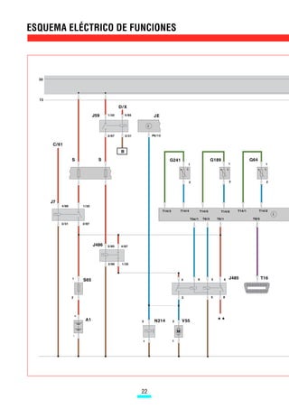 CODIFICACIÓN DE COLORES
                     Señal de entrada.
                     Señal de salida.
                     Alimentación de positivo.
                     Masa.
                     Señal bidireccional.
                     CAN-Bus.

                LEYENDA
              A1   Batería adicional.
              C    Alternador.
              E111 Reloj preselector.
              F38  Transmisor de temperatura exterior.
              G64  Guardallamas.
              G189 Sensor de sobrecalentamiento.
              G241 Transmisor de temperatura del líquido
                   refrigerante.
              JE   Unidad electrónica central.
              J7   Relé disyuntor de la batería.
              J59  Relé de descarga del contacto X.
              J162 Unidad de control de la calefacción.
              J485 Relé de la calefacción estacionaria.
              J486 Relé para la 2ª velocidad del ventilador
                   de aire fresco.
              L75  Iluminación del reloj preselector.
              N214 Electroválvula para el líquido refrige-
                   rante.
              Q9   Bujía de incandescencia.
              S65  Fusible de la batería adicional.
              T16  Conector de diagnóstico.
              V6   Turbina de aire de combustión.
              V54  Bomba dosificadora.
              V55  Bomba de circulación.
              *    Sólo con motores diesel.
              **   Sin Climatronic: conexión con la turbina
                   de aire V2, a través de la resistencia
                   previa del ventilador N24.
                   Con Climatronic: conexión con la turbina
                   de aire V2, y la unidad de control del
                   Climatronic J255.




D83-23




         

 