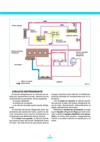 Primer radiador


                             Equipo
                             calefactor

                                                                                 Segundo radiador


                                                               Bomba de
                                                               circulación V55




  Bomba de líquido
  refrigerante                                                                                Válvula neumática
                                                                                              para líquido
                                                                                              refrigerante




      Termostato




                 Motor en marcha                                Radiador
                 Motor parado
                                                                                                          D83-03




   CIRCUITO REFRIGERANTE
   El circuito refrigerante en un vehículo con ca-        energía calorífica para calentar el habitáculo,
lefacción estacionaria consta, además de los              evitando pérdidas en componentes que no in-
componentes ya conocidos, de los siguientes:              tervienen.
   - el equipo calefactor,                                   Con el motor en marcha, la válvula neumá-
   - la bomba de circulación                              tica permite el paso del líquido refrigerante ha-
   - y la válvula neumática para líquido refrige-         cia el motor, favoreciendo adicionalmente un
rante.                                                    rápido calentamiento del mismo.
   El recorrido del líquido refrigerante varía, de-          Mediante la bomba de circulación se logra
pendiendo del estado del motor, siendo la vál-            que el líquido refrigerante fluya por todo el cir-
vula neumática para líquido refrigerante el               cuito cuando el equipo calefactor está encen-
componente que determina ambos circuitos.                 dido y el motor esta parado, independiente-
   Si el motor está parado, la válvula neumá-             mente si se debe calentar el habitáculo o el
tica cierra el paso del líquido refrigerante hacia        motor.
el motor. De esta forma se aprovecha toda la




                                                      
 