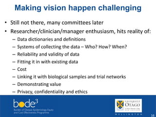 Making vision happen challenging 
• Still not there, many committees later 
• Researcher/clinician/manager enthusiasm, hits reality of: 
– Data dictionaries and definitions 
– Systems of collecting the data – Who? How? When? 
– Reliability and validity of data 
– Fitting it in with existing data 
– Cost 
– Linking it with biological samples and trial networks 
– Demonstrating value 
– Privacy, confidentiality and ethics 
16 
 
