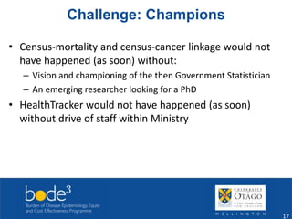 Challenge: Champions 
• Census-mortality and census-cancer linkage would not 
have happened (as soon) without: 
– Vision and championing of the then Government Statistician 
– An emerging researcher looking for a PhD 
• HealthTracker would not have happened (as soon) 
without drive of staff within Ministry 
17 
 